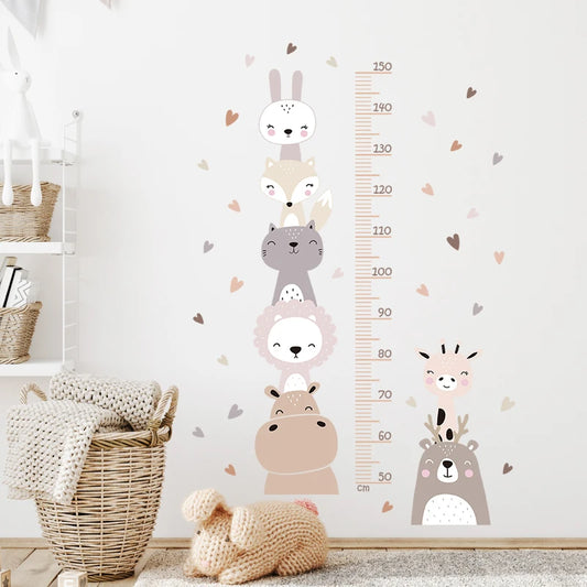 Boho Color Style Smile Animals Bear Lion Hearts Height Measurement Ruller Wall Stickers for Kids Room Baby Nursery Wall Decals