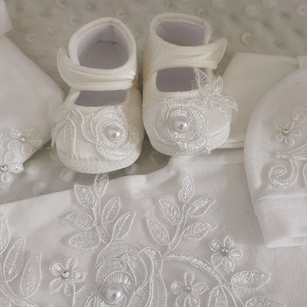 5pcs Newborn Baby Embroidery Lace Romper Outfit Clothing Cotton Infant Wrapped Baby Products Pants Mittens Receiving Blanket