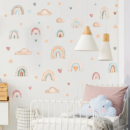 3Sheets/Set Bohemia Style Boho Rainbow Hearts Stars Pattern Wall Stickers for Kids Room Decor Baby Nursery Room Wall Decals