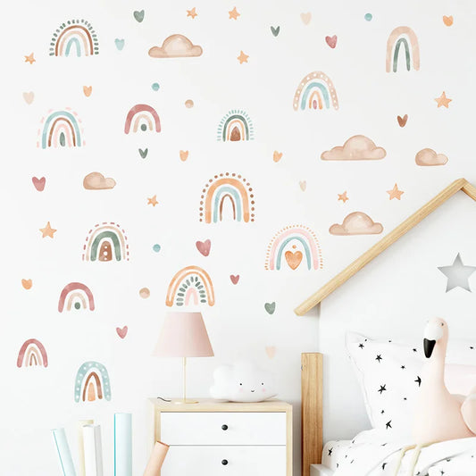 3Sheets/Set Bohemia Style Boho Rainbow Hearts Stars Pattern Wall Stickers for Kids Room Decor Baby Nursery Room Wall Decals