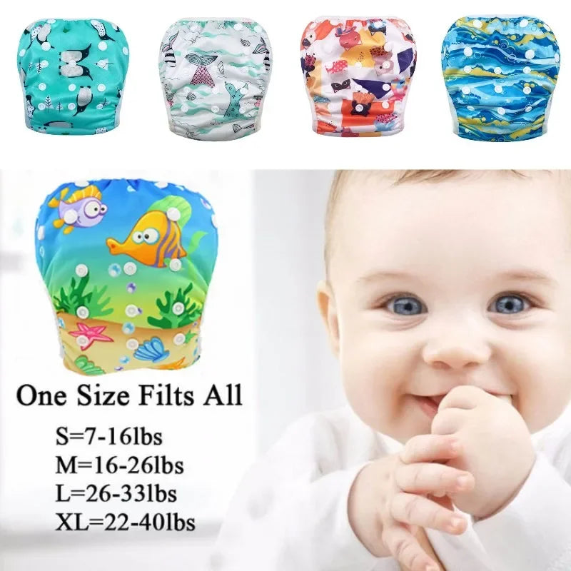 Baby Swim Diapers Adjustable Button Washable Cloth Diapers Swimming Pool Swim Trunks Print Reusable Waterproof Diapers