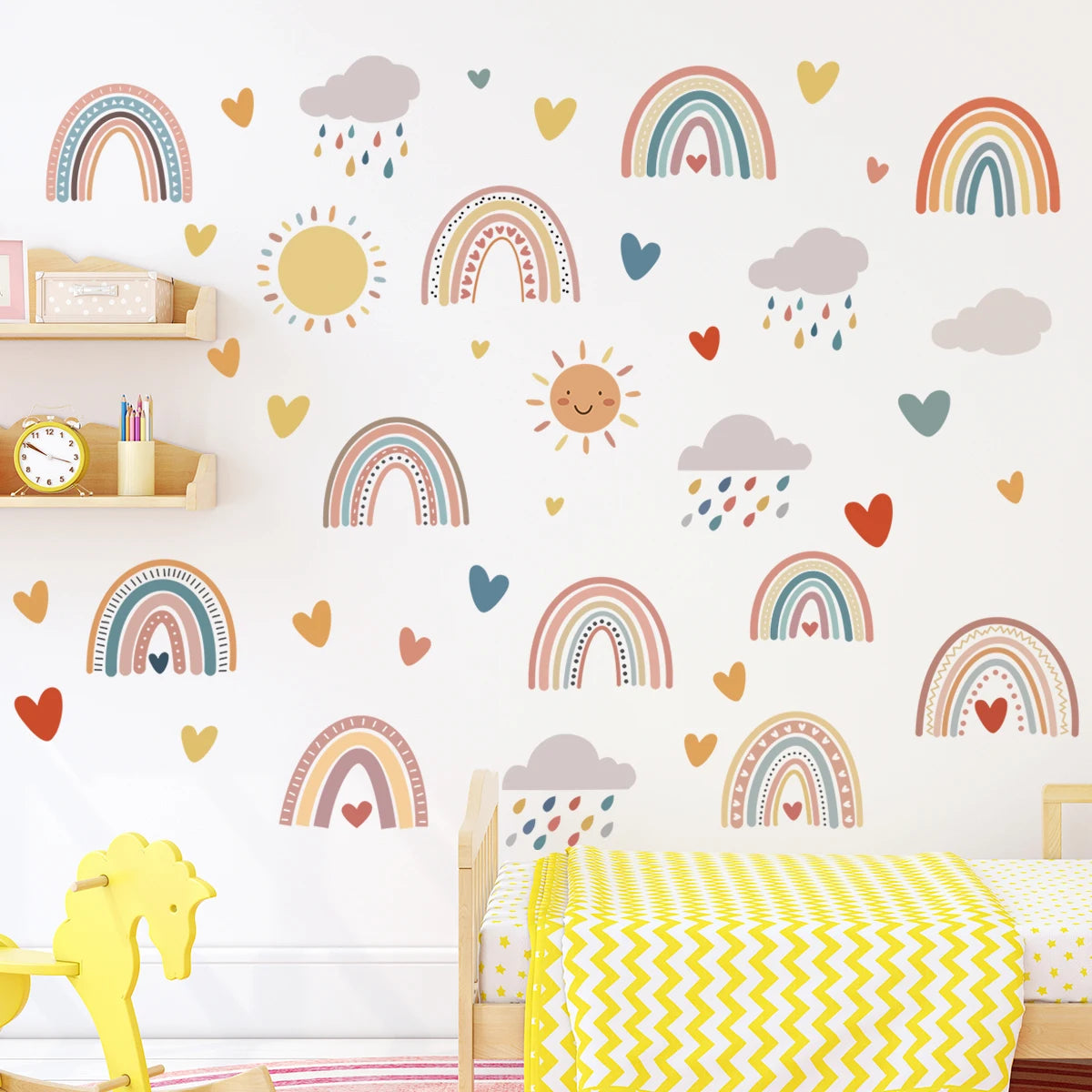 3Sheets/Set Bohemia Style Boho Rainbow Hearts Stars Pattern Wall Stickers for Kids Room Decor Baby Nursery Room Wall Decals