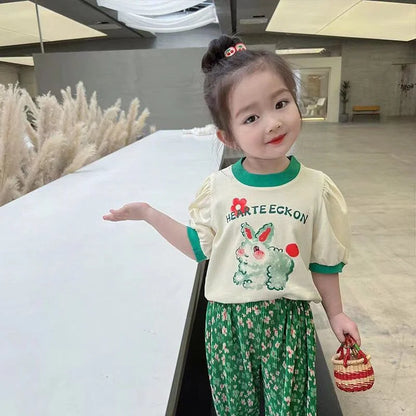 2024 Children's Suit Baby Cute Round Neck Short Sleeve Set Summer New Girls Cartoon T-Shirt Floral Pants Casual 2-Piece 12M-6Y