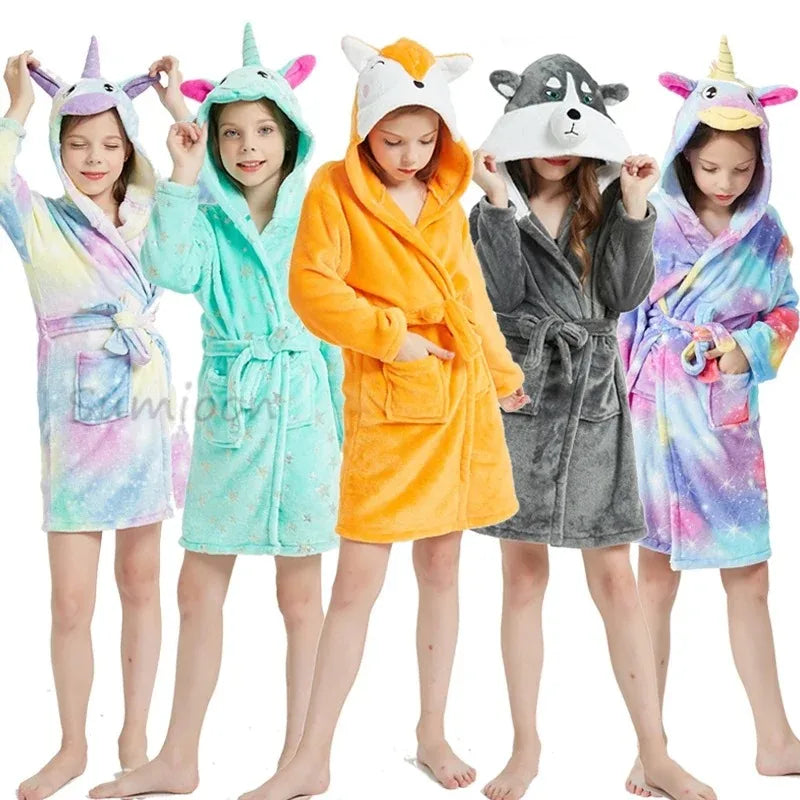 New Baby Girls Clothes Winter Flannel Robes for Kids Teen Girls Bathrobe for 2-10Y Children Pajamas Robes Unicorn Fox Bath Towel