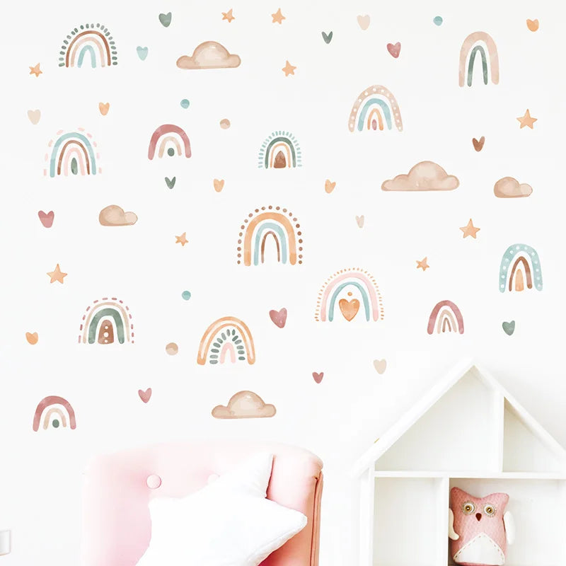 3Sheets/Set Bohemia Style Boho Rainbow Hearts Stars Pattern Wall Stickers for Kids Room Decor Baby Nursery Room Wall Decals