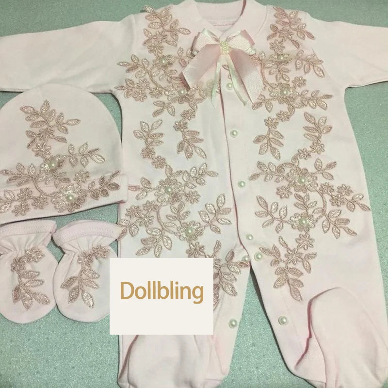 5pcs Newborn Baby Embroidery Lace Romper Outfit Clothing Cotton Infant Wrapped Baby Products Pants Mittens Receiving Blanket