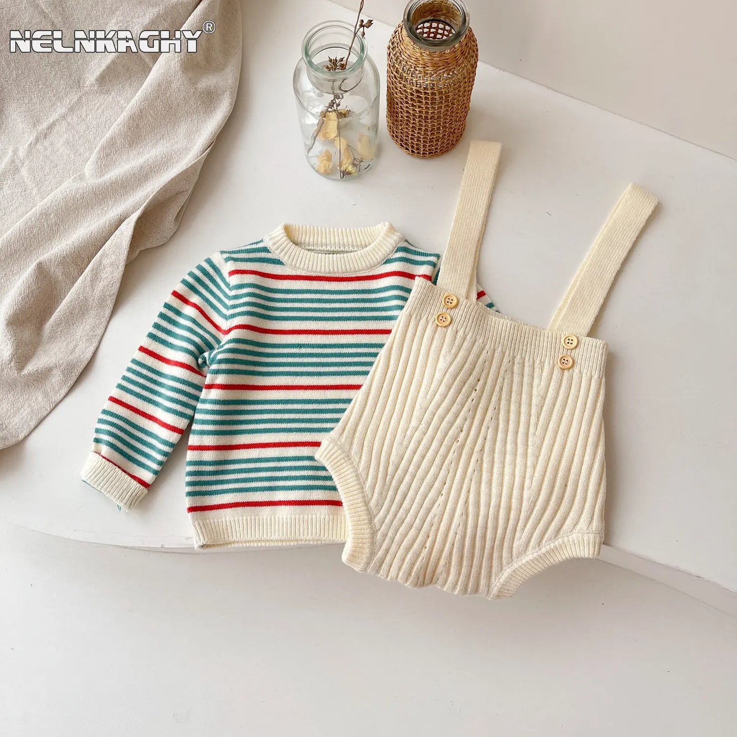 2023 Autumn Spring Newborn Infant Full Sleeve Striped Knitted Top Sweater Solid Color Strap Overalls Bodysuits Kids Baby Clothes