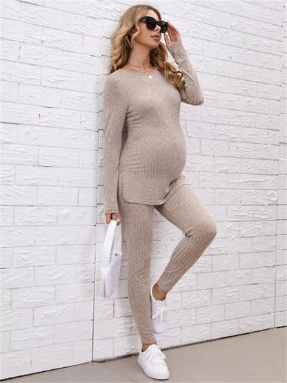 Women's Maternity Sets 2 Piece Outfits Long Sleeve Split Hem Top and Adjustable Elastic Waist Pants Maternity Clothes