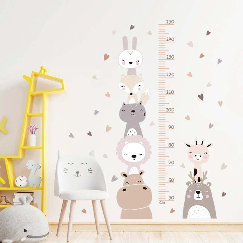 Boho Color Style Smile Animals Bear Lion Hearts Height Measurement Ruller Wall Stickers for Kids Room Baby Nursery Wall Decals