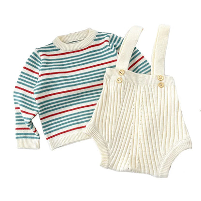 2023 Autumn Spring Newborn Infant Full Sleeve Striped Knitted Top Sweater Solid Color Strap Overalls Bodysuits Kids Baby Clothes