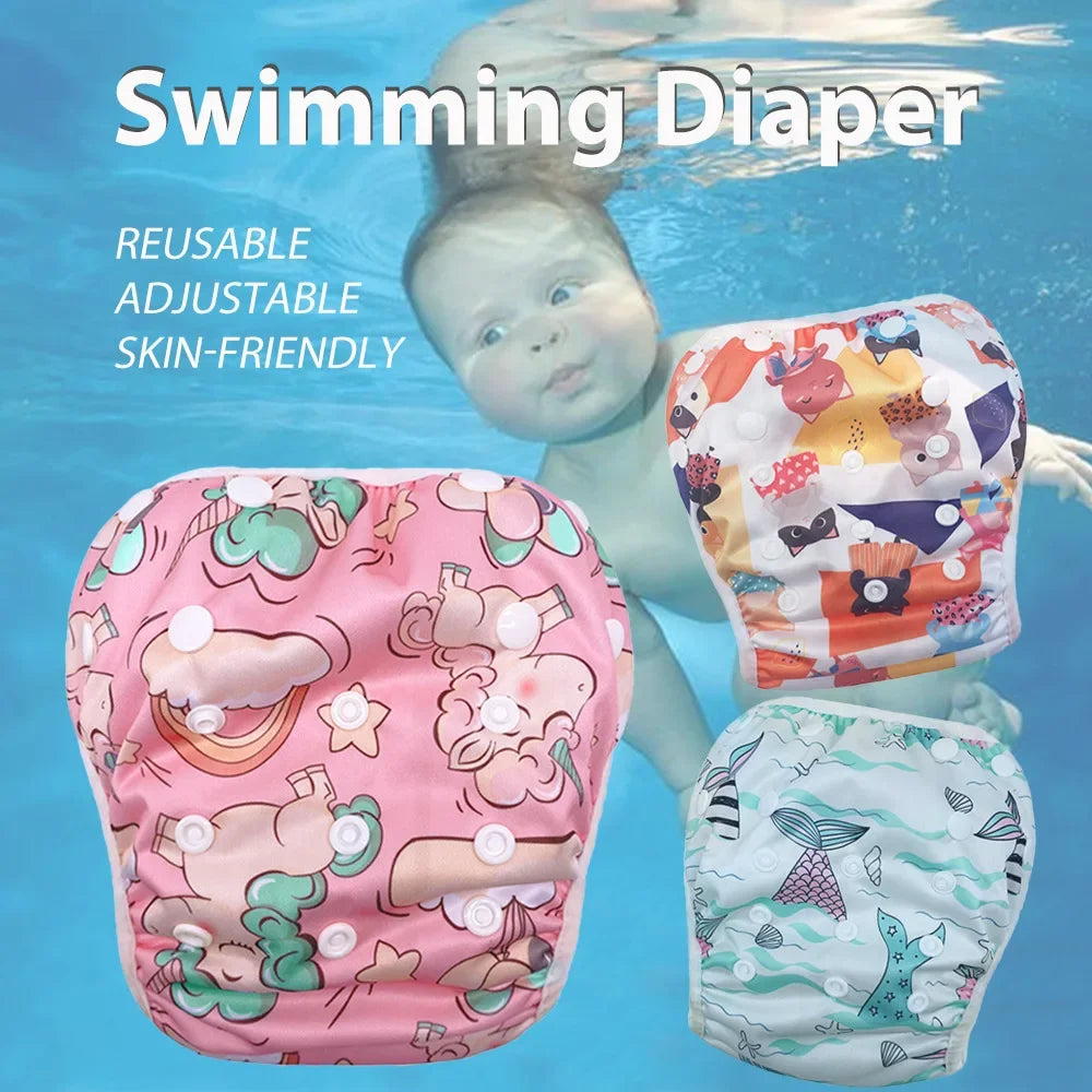 Baby Swim Diapers Adjustable Button Washable Cloth Diapers Swimming Pool Swim Trunks Print Reusable Waterproof Diapers